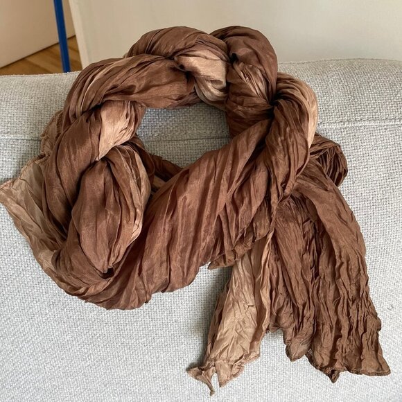 UN DEUX TROIS 100% Silk Scarf Ombré Brown Tan Crinkled 59 x 23 (39) Inches FLAWS - Picture 2 of 11